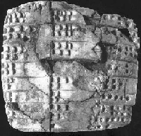 The world’s oldest datable mathematical table, from Shuruppag, c. 2600 BCE. The first two columns contain identical lengths in descending order from 600 to 60 rods (c. 3600–360 m) and the final column contains the square area of their product.